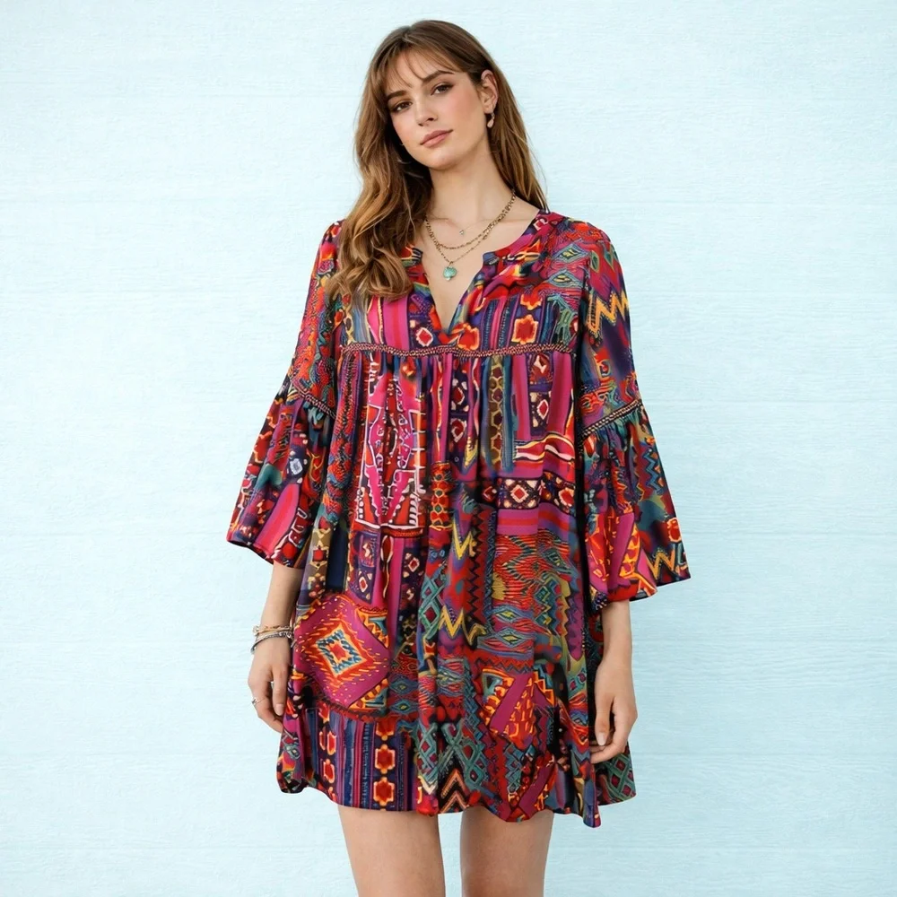 Uncle Frank Patchwork Dress Aztec Western Print V-Neck 3/4 Bell Sleeves M - Picture 11 of 11